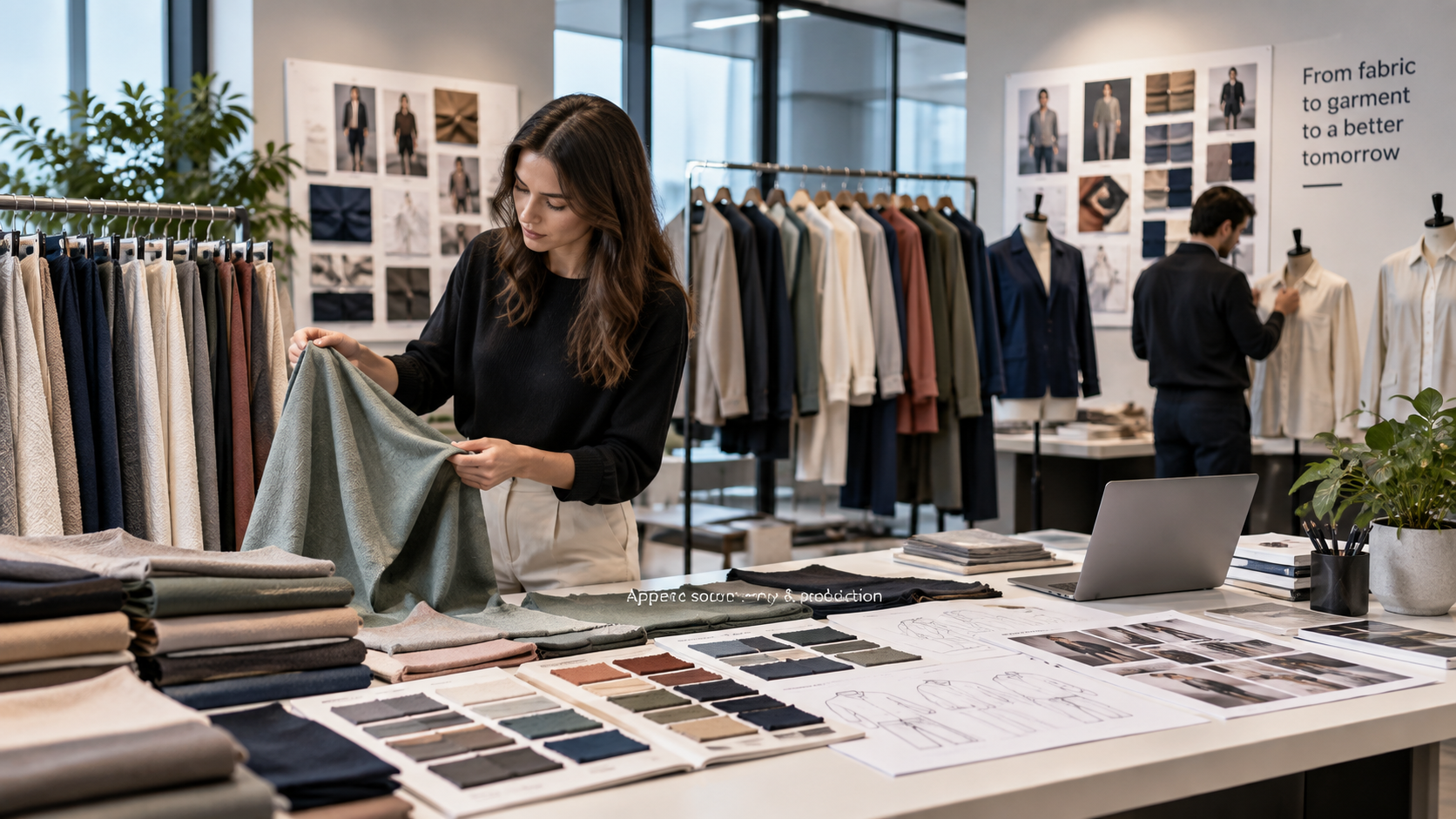 Carefully folded and racked contemporary apparel textiles in a minimalist modern showroom