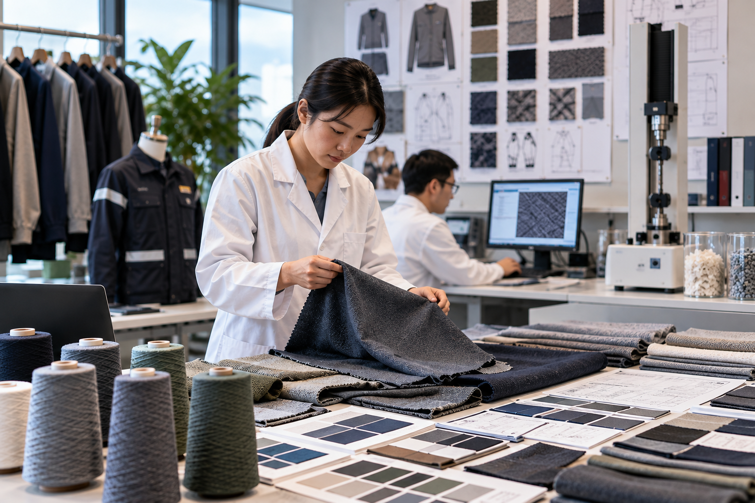 Textile weave rolls and color swatch testing in laboratory