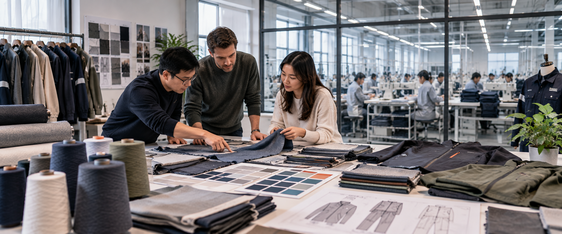 Textile engineers and procurement directors reviewing technical fabric swatches in consultation room
