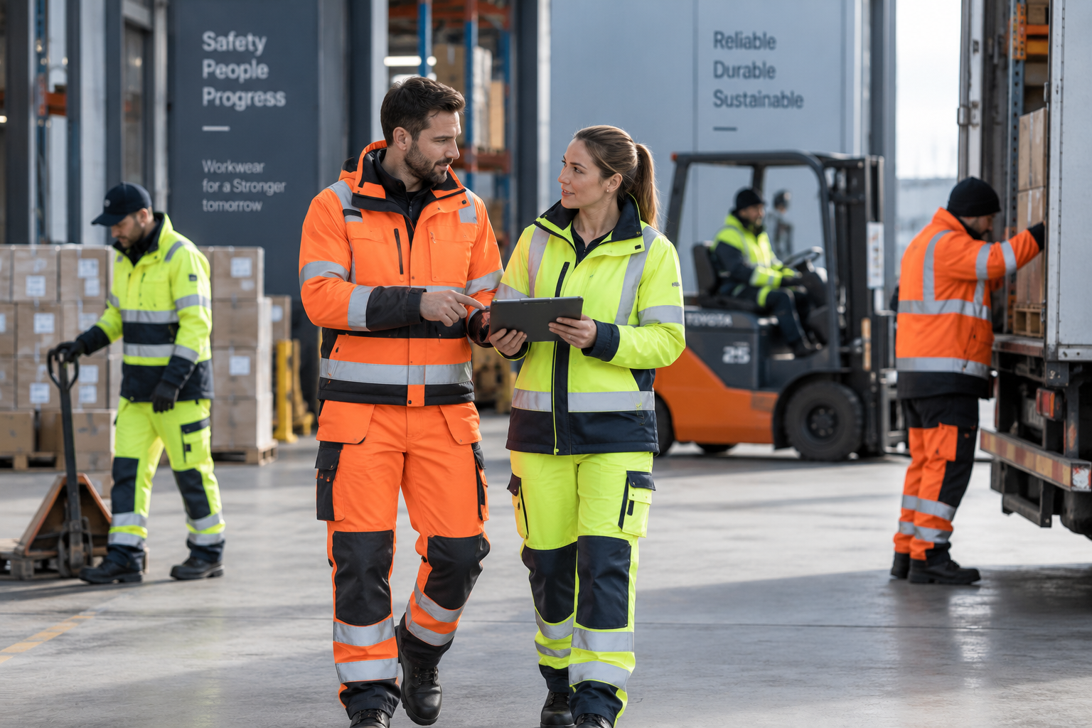 Durable industrial workwear trousers and utility jackets