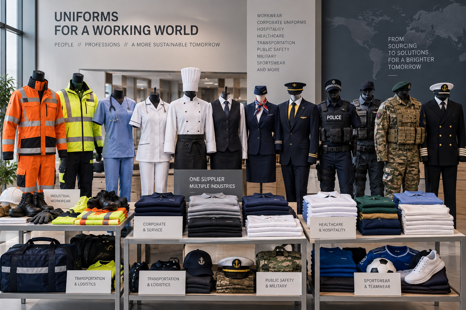 Workwear jackets and trousers undergoing final seam inspection on production line