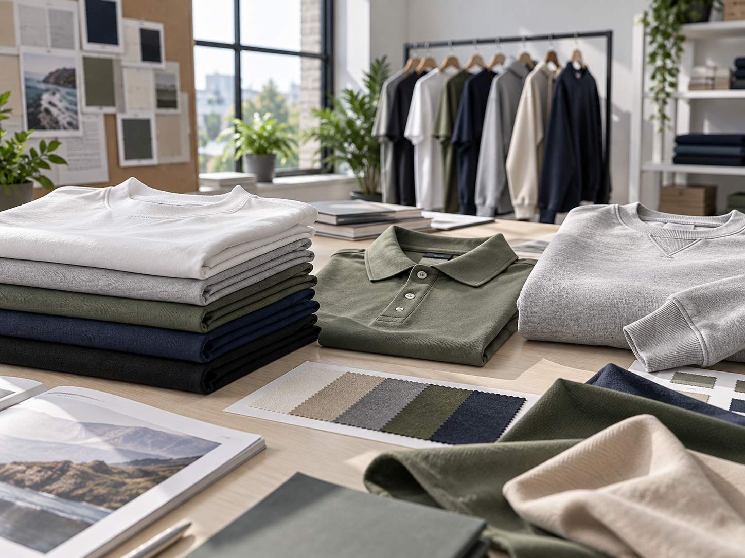 Stack of folded organic cotton casualwear jersey t-shirts and hoodies in neutral tones