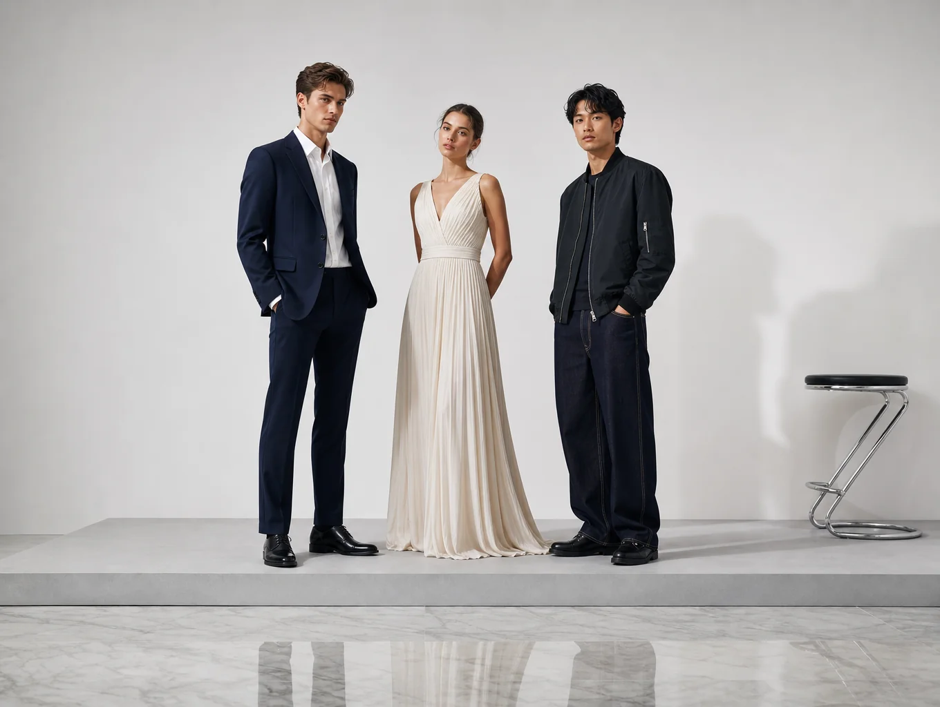 Modern formal and fashion garments including tailored button-down shirts, refined trousers, and dresses