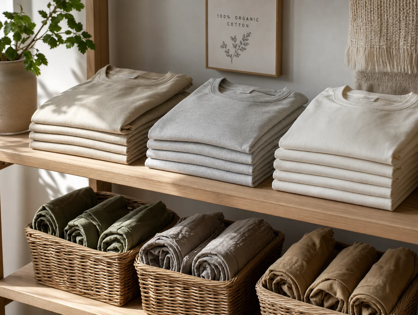 Folded organic cotton garments and finished jackets arranged on a clean wooden inspection table in a production showroom