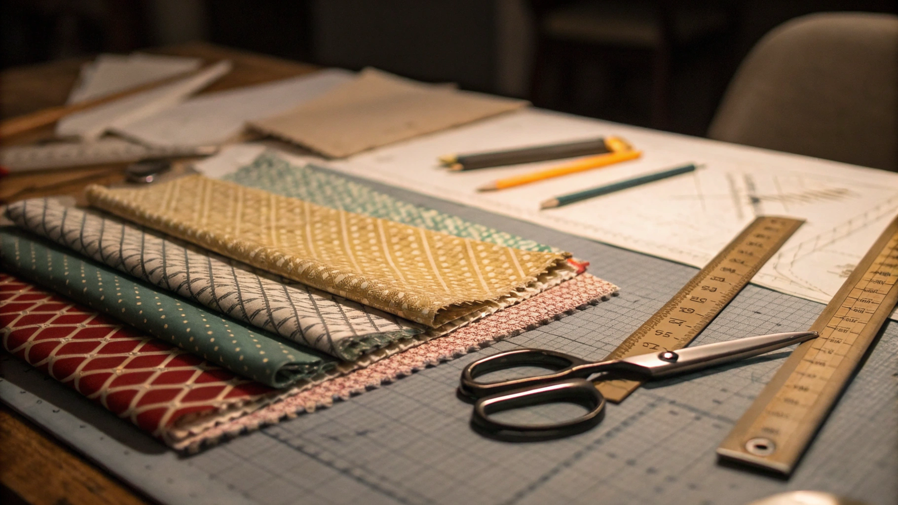 Premium textile fabric rolls and woven material swatches in an understated B2B development setting