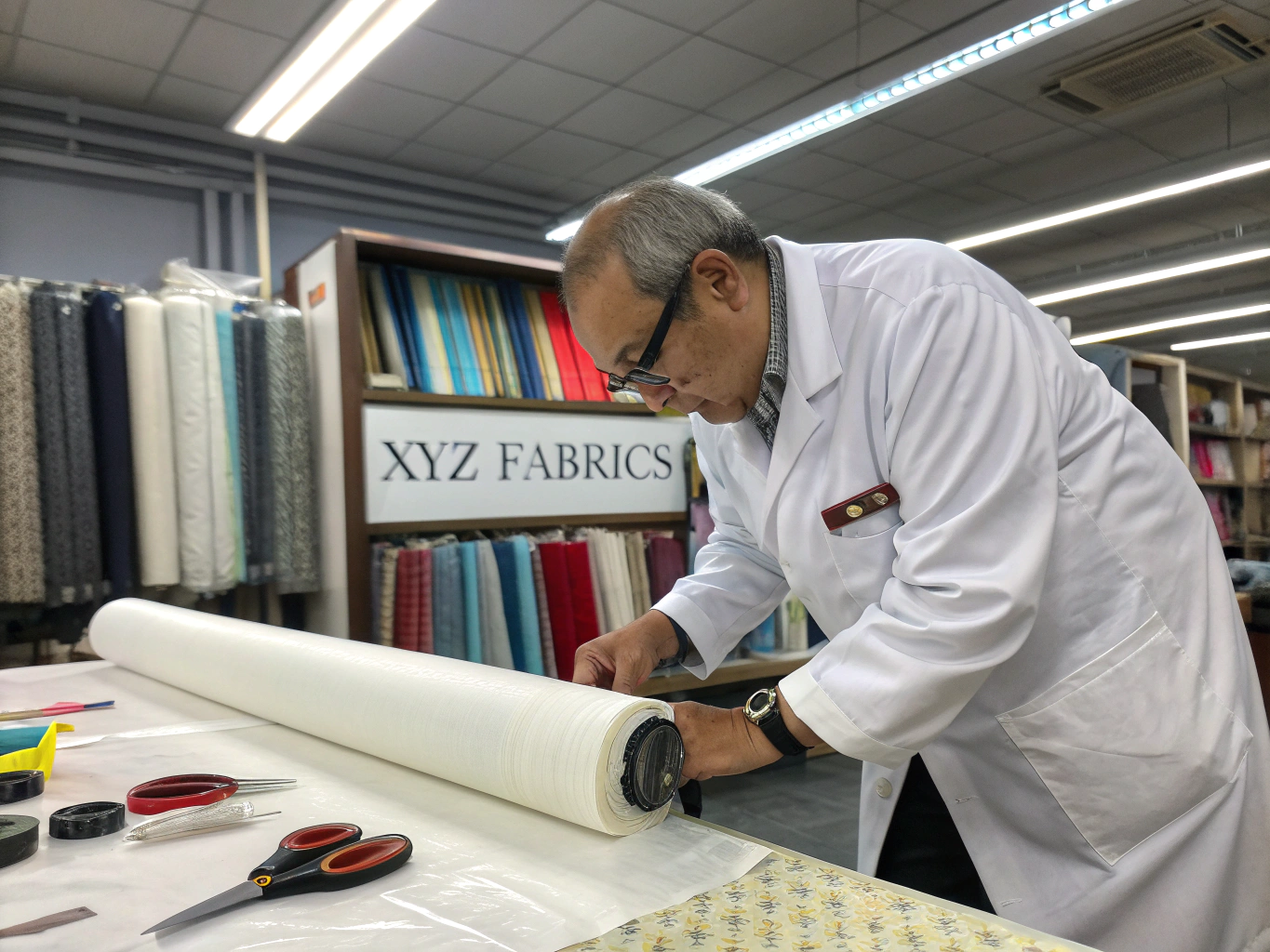 Compliance officer conducting an on-site fabric safety and documentation review on a factory floor