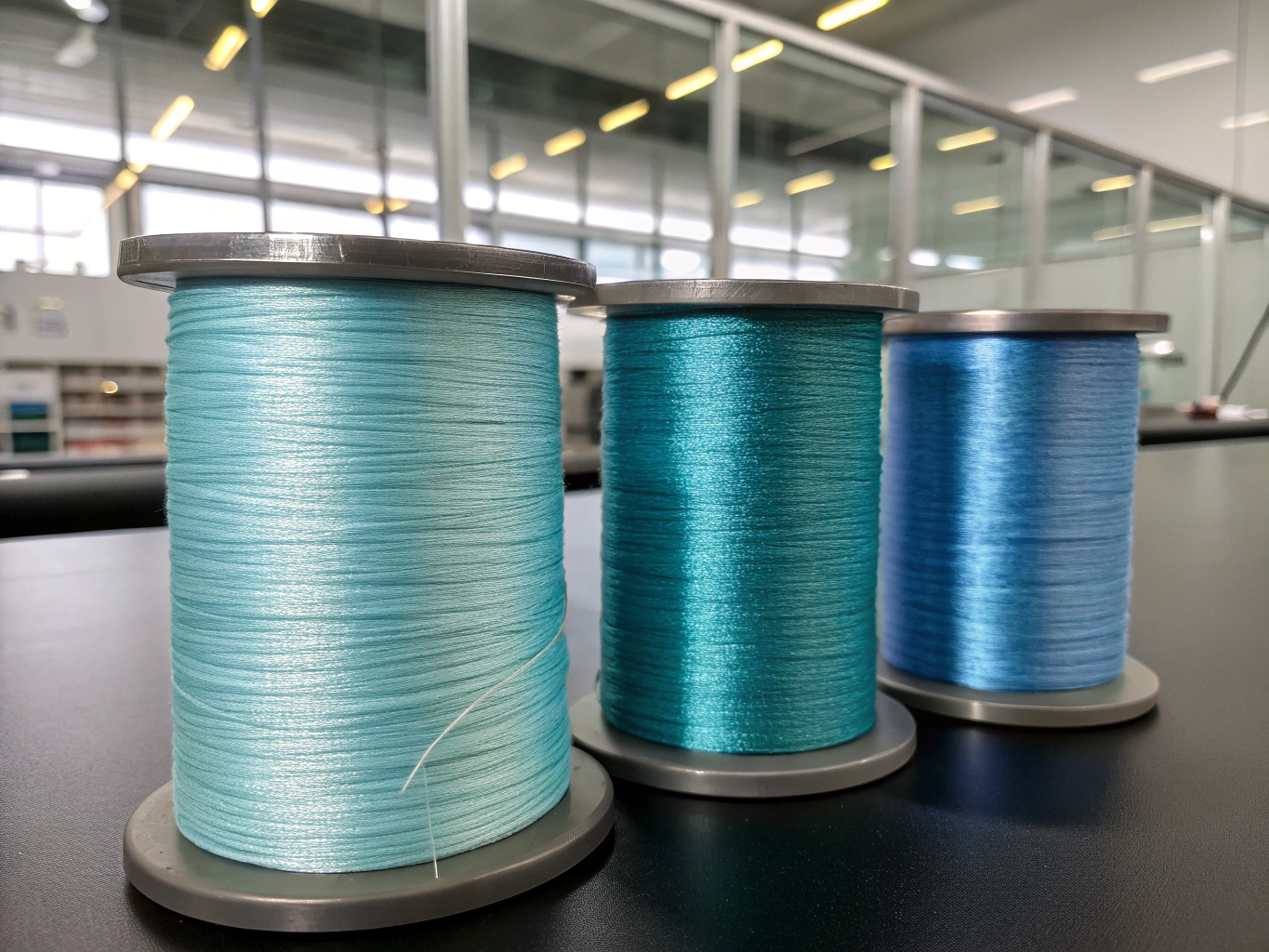 Spools of circular Textile-to-Textile recycled polyester yarn ready for weaving