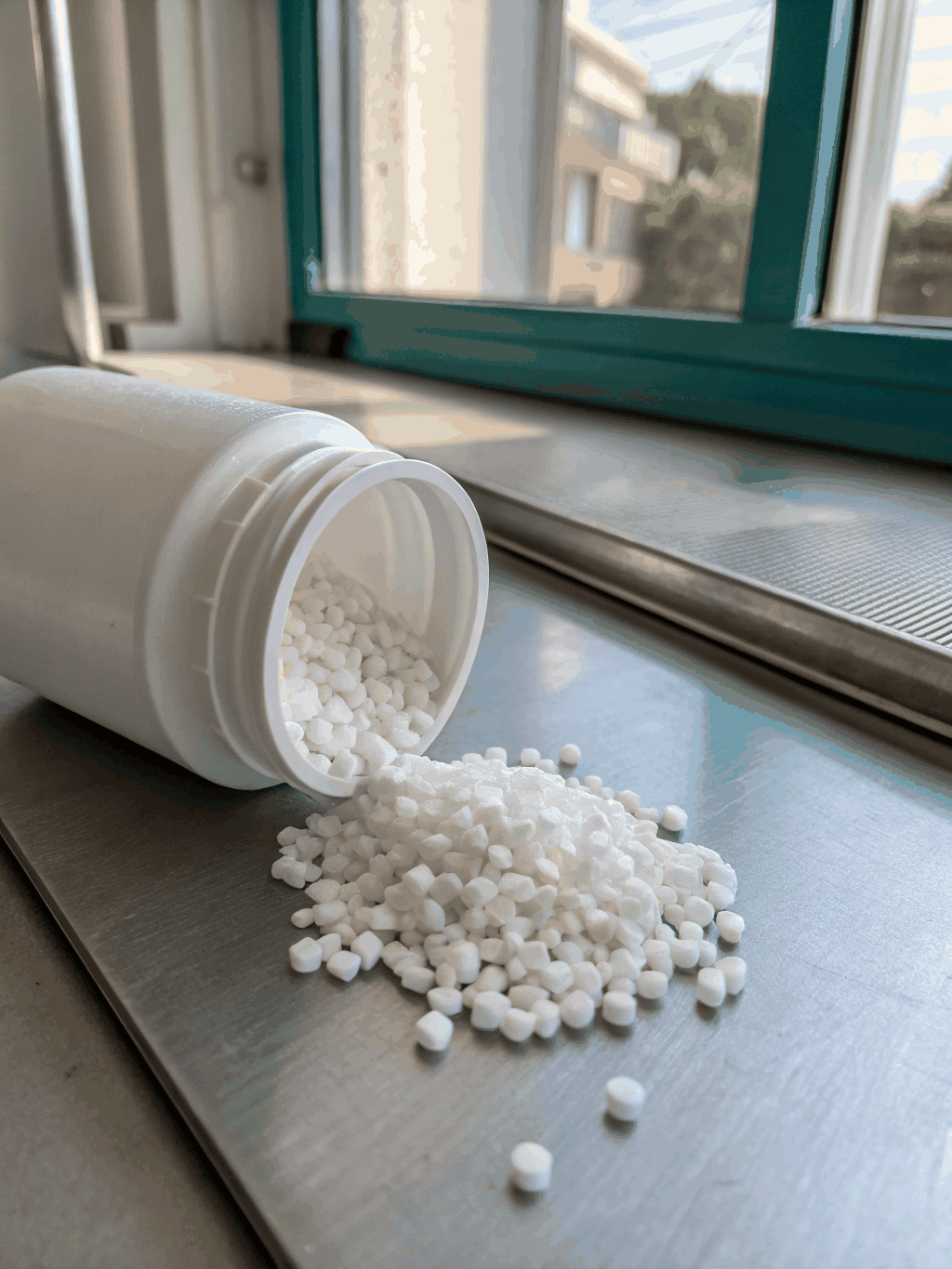 Sorted post-industrial fabric cuttings and polymer pellets ready for circular textile extrusion