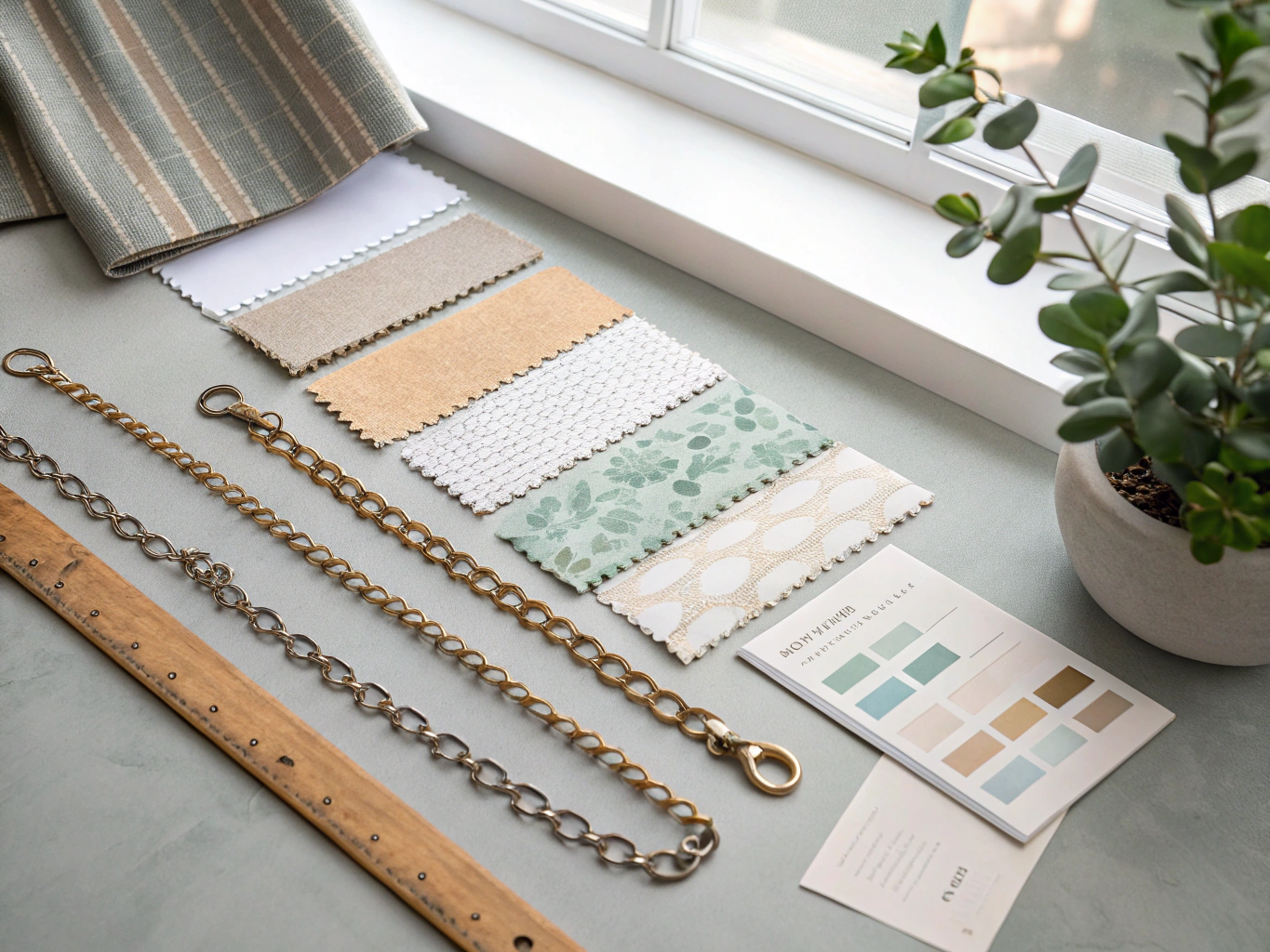 Technical specification sheets, compliance test certificates, and textile swatches arranged for compliance audit