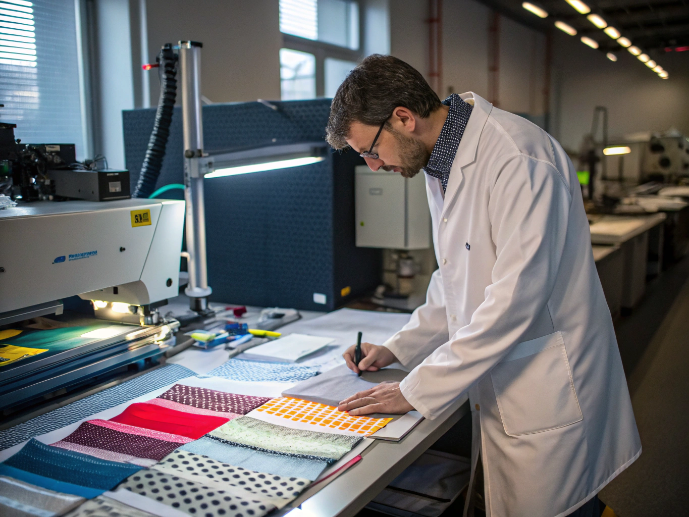Textile technician evaluating fabric samples under a calibrated standard light box in Suzhou facility
