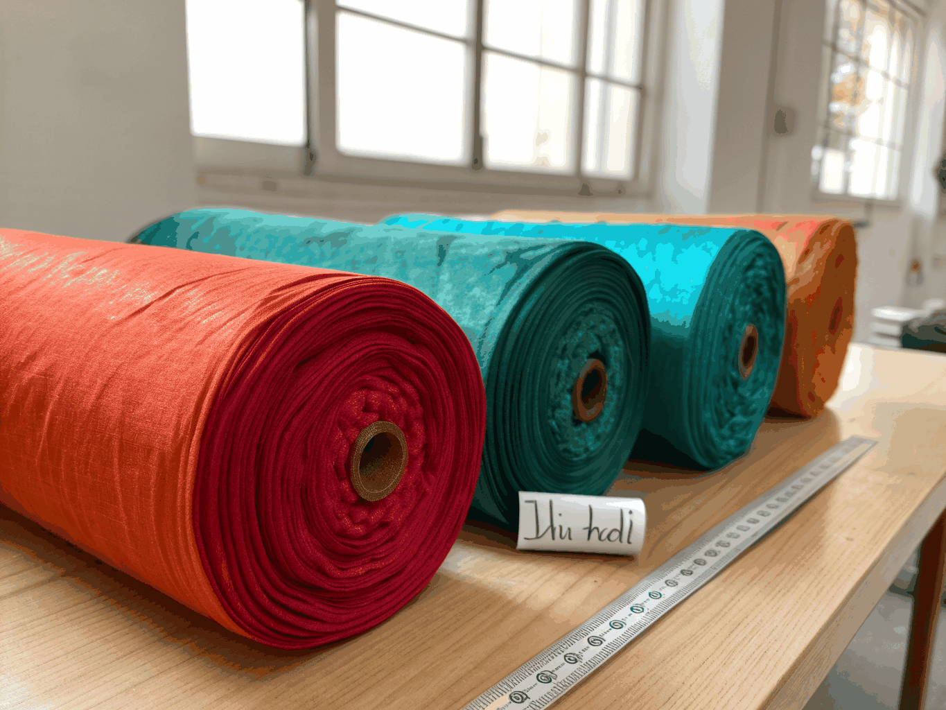 Textile rolls and color swatch binders inside the Suzhou materials development facility